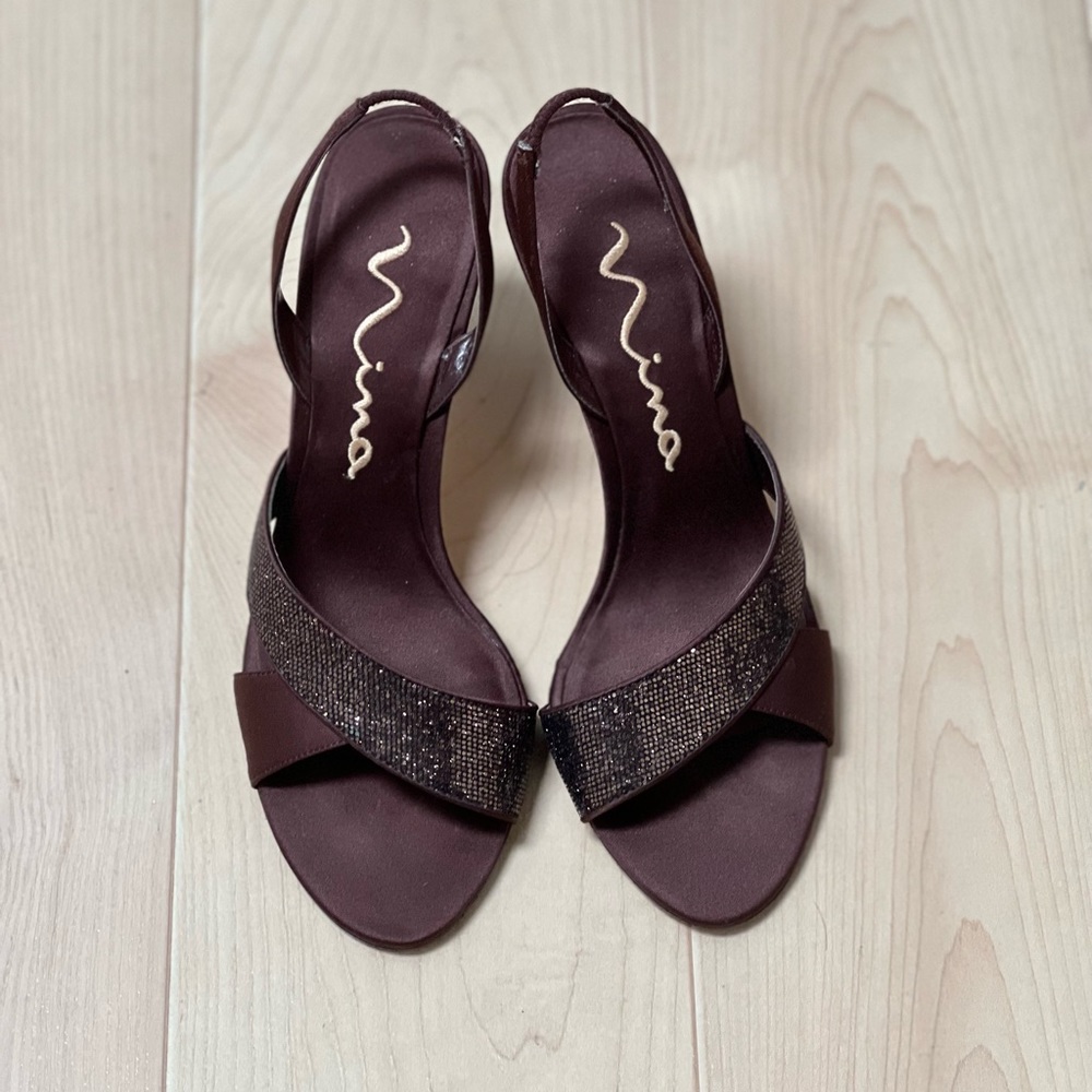 Nina Brown Glitter Slingback Heels